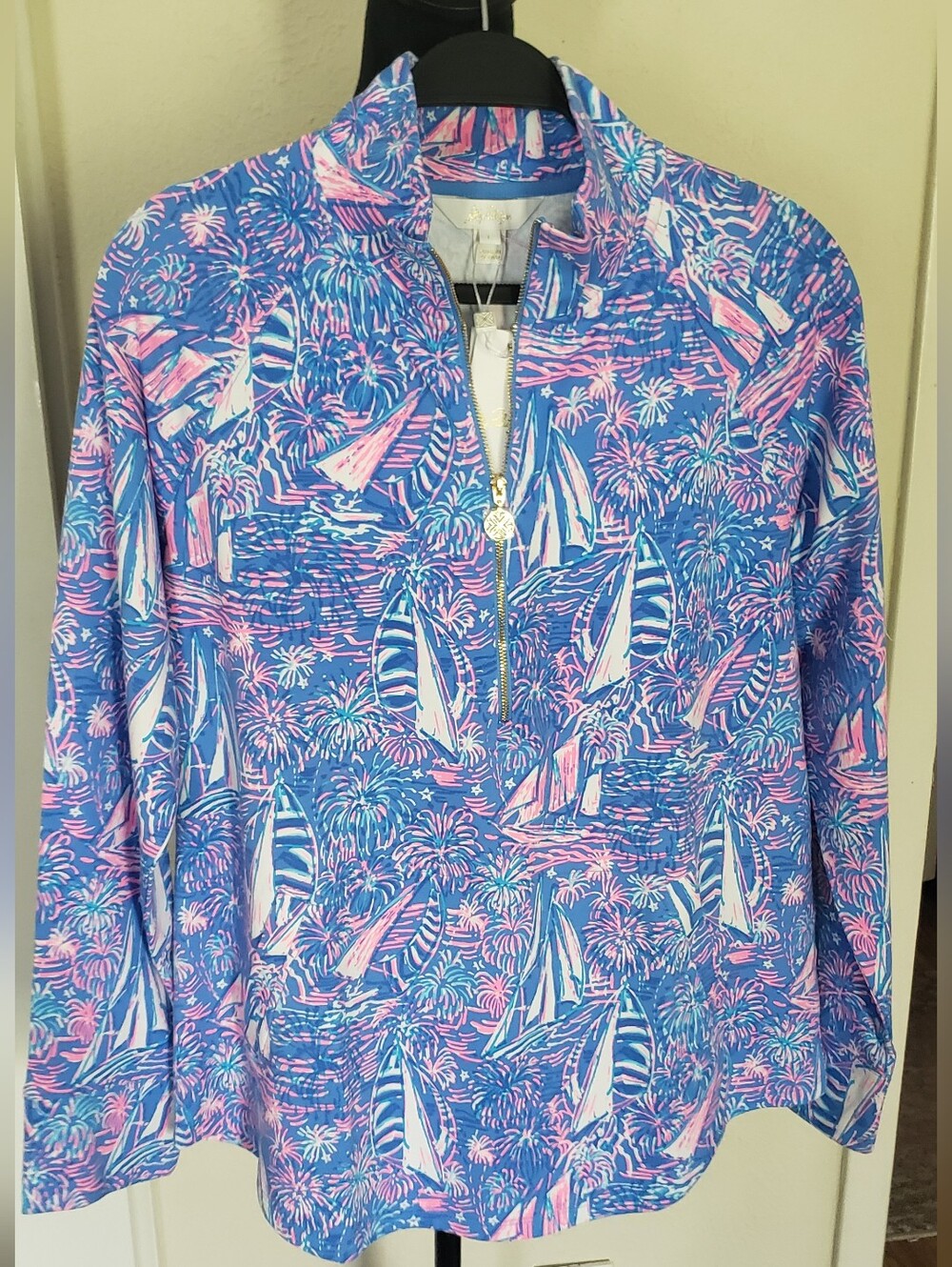 Lilly Pulitzer Blue and Pink Sailboat Quarter-Zip Pullover